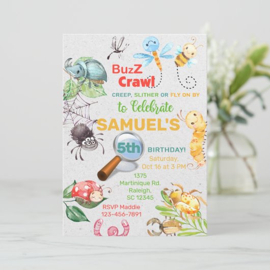 Bugs, insecten verjaardagsuitnodiging, buzz kruipt kaart (Staand voorkant)