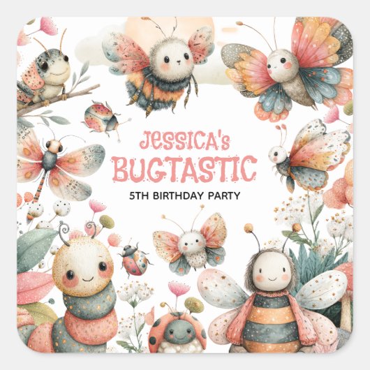 BUGTASTIC Insecten Whimsical Bugs Kinderverjaardag Vierkante Sticker (Voorkant)