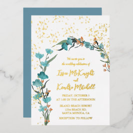 Buigblauwe en Oranje waterverf Floral Arch Folie Uitnodiging