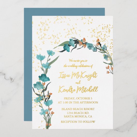 Buigblauwe en Oranje waterverf Floral Arch Folie Uitnodiging (Voorkant / Achterkant)