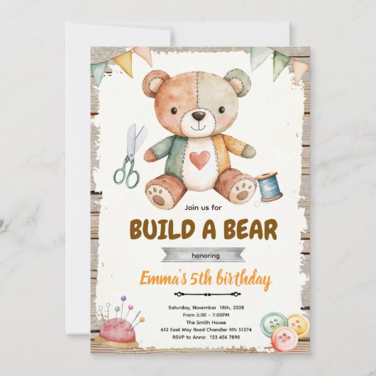 Build-A-Stuffy verjaardagsfeest uitnodiging (Voorkant)