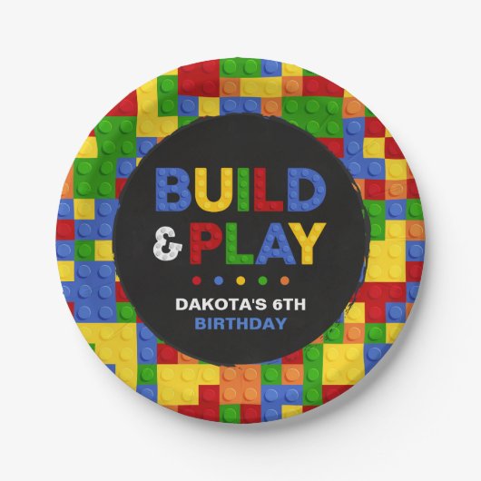 Build & Play Bricks Boy Verjaardagspapier Bord (Voorkant)