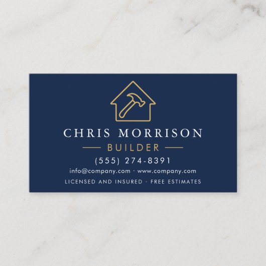 Builder Navy Blue Gold Modern Construction  Visitekaartje (Voorkant)