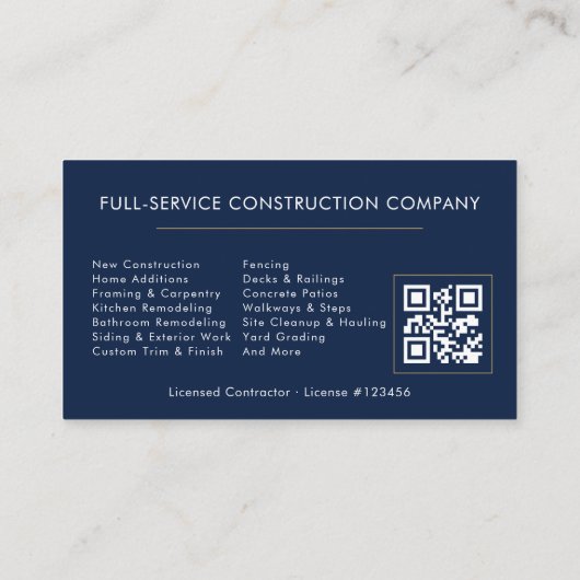 Builder Navy Blue Gold QR Code Construction  Visitekaartje (Achterkant)