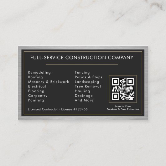 Building Construction Black Faux Metal QR Code Visitekaartje (Achterkant)