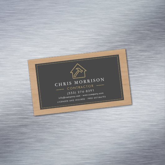 Building Construction Black Gold Wood QR Code Magnetisch Visitekaartje (Voorbeeld)