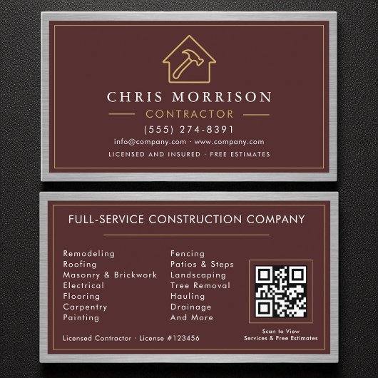 Building Construction Burgundy Faux Metal QR Code Visitekaartje