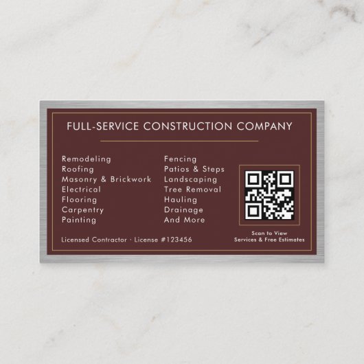 Building Construction Burgundy Faux Metal QR Code Visitekaartje (Achterkant)