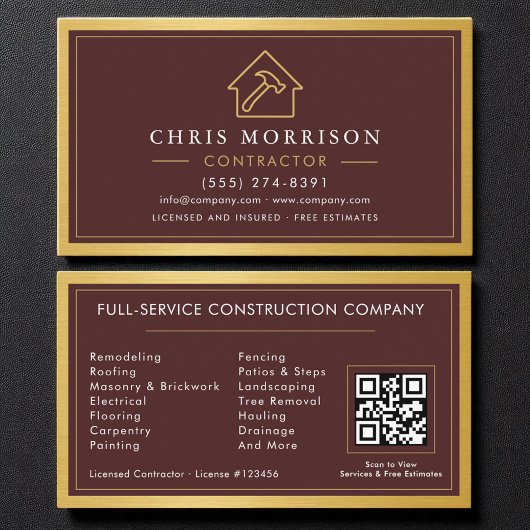 Building Construction Burgundy Gold Metal QR Code Visitekaartje