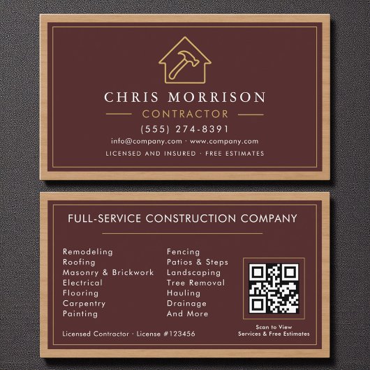 Building Construction Burgundy Gold Wood QR Code Visitekaartje