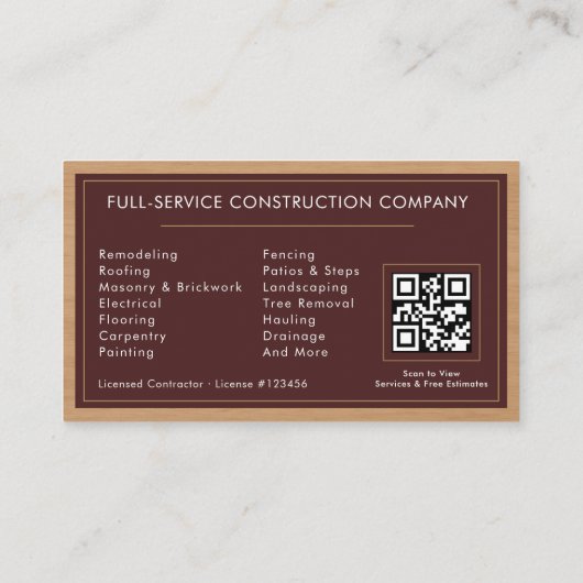 Building Construction Burgundy Gold Wood QR Code Visitekaartje (Achterkant)