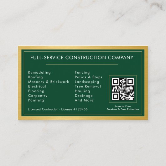 Building Construction Green Gold Metal QR Code Visitekaartje (Achterkant)