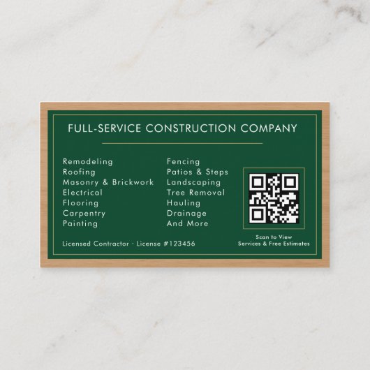 Building Construction Green Gold Wood QR Code Visitekaartje (Achterkant)