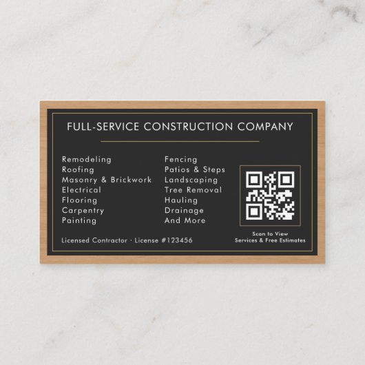 Building Construction Home Renovation Wood QR Code Visitekaartje (Achterkant)