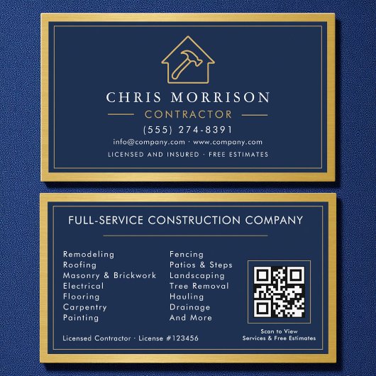 Building Construction Navy Blue Gold Metal QR Code Visitekaartje