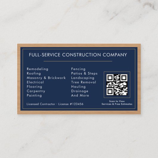 Building Construction Navy Blue Gold Wood QR Code Visitekaartje (Achterkant)