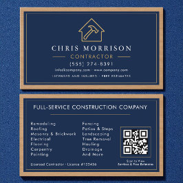 Building Construction Navy Blue Gold Wood QR Code Visitekaartje