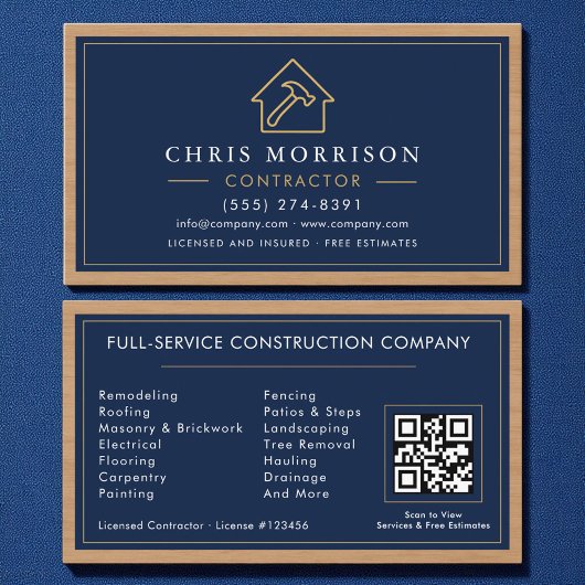 Building Construction Navy Blue Gold Wood QR Code Visitekaartje