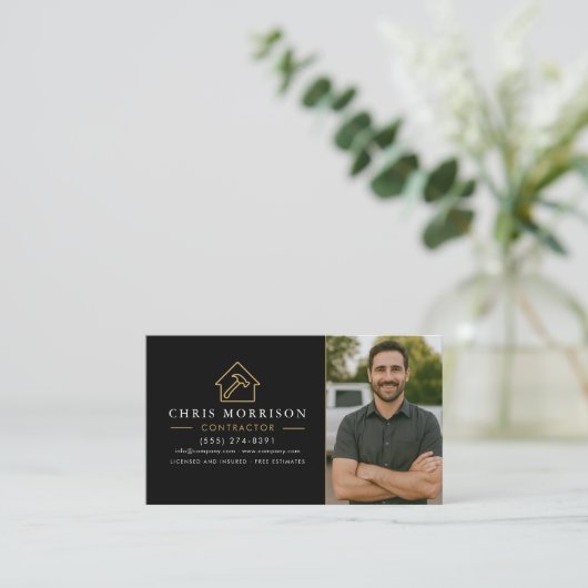 Building Construction QR Code Photo Black Gold Visitekaartje (Staand voorkant)