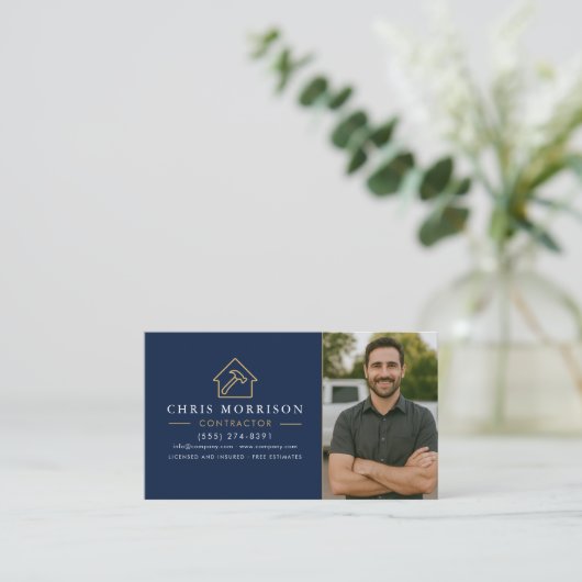 Building Construction QR Code Photo Navy Blue Gold Visitekaartje (Staand voorkant)