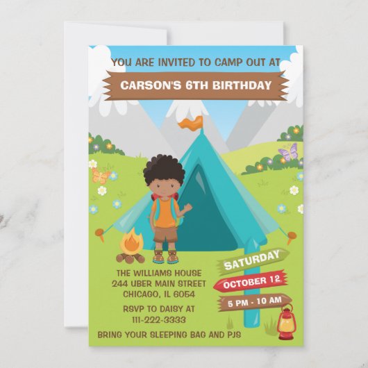 Buiten Camping Birthday African American Boy Inv Kaart (Voorkant)