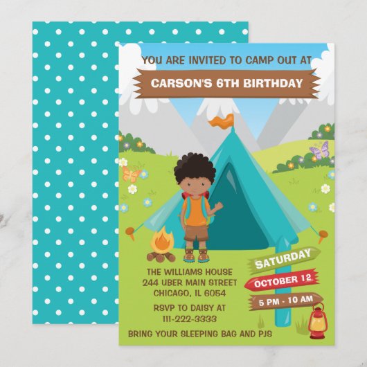Buiten Camping Birthday African American Boy Inv Kaart (Voorkant / Achterkant)