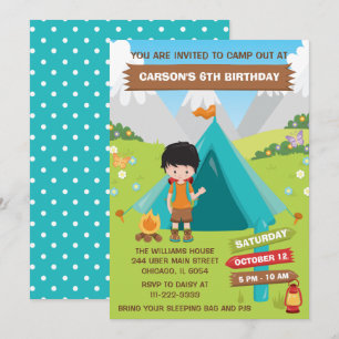 Buiten Camping Birthday Party Black Hair Boy Inv Kaart