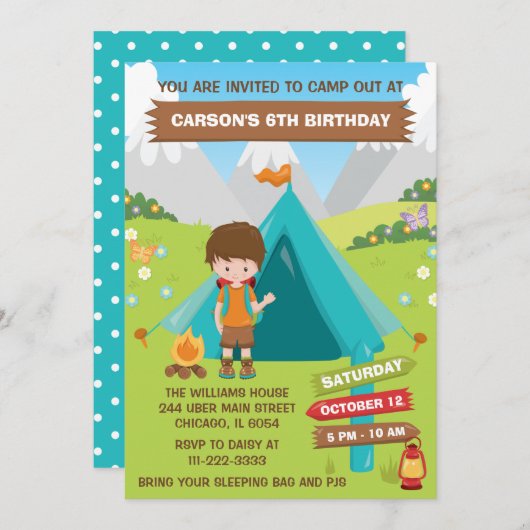 Buiten Camping Birthday Party Brown Hair Boy Inv Kaart (Voorkant / Achterkant)