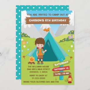 Buiten Camping Birthday Party Brown Hair Boy Inv Kaart