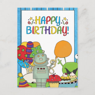 Buiten deze wereld nodigt Robot Birthday uit Briefkaart