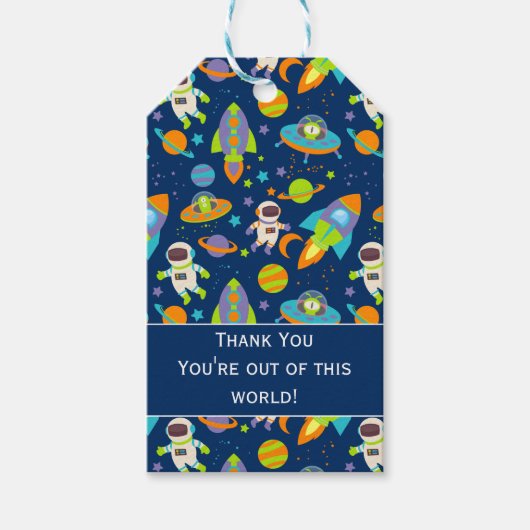 Buiten deze wereld ruimtefeest favoriet cadeaulabel (Voorkant)