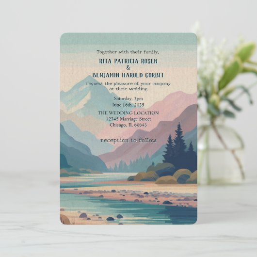 Buiten geschilderde berg bruiloft uitnodiging (Staand voorkant)