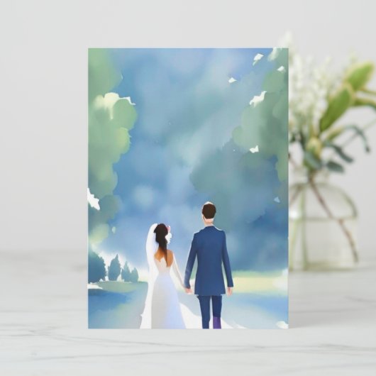 Buiten Huwelijk Mooi Waterverf Bruid en Bruidegom Kaart (Staand voorkant)