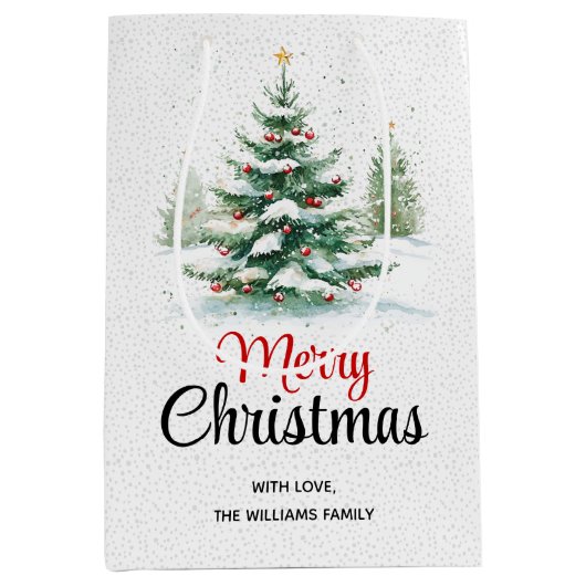 Buiten kerstboom en sneeuwval medium cadeauzakje (Voorkant)