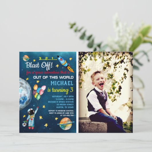 buiten ruimte partij astronaut foto ballon raket kaart (Staand voorkant)