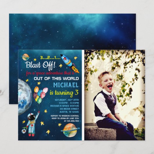 buiten ruimte partij astronaut foto ballon raket kaart (Voorkant / Achterkant)
