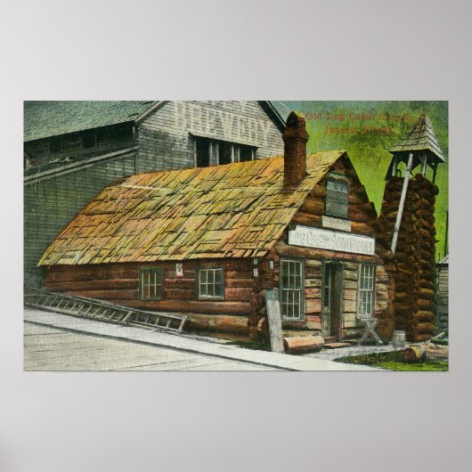 Buiten Uitzicht van Log Cabin Soda Works, Church o Poster (Voorkant)