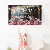 Buiten whiskeyvat bruidsdouche welkom spandoek (Insitu)
