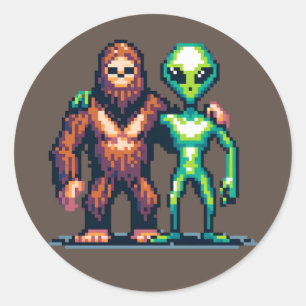 Buitenaards Buitenaards Wezen en Bigfoot Pixel Art Ronde Sticker