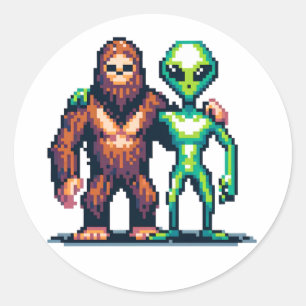 Buitenaards Buitenaards Wezen en Bigfoot Pixel Art Ronde Sticker