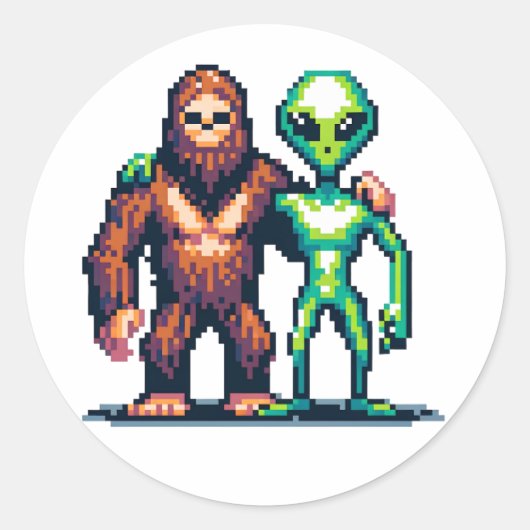 Buitenaards Buitenaards Wezen en Bigfoot Pixel Art Ronde Sticker (Voorkant)
