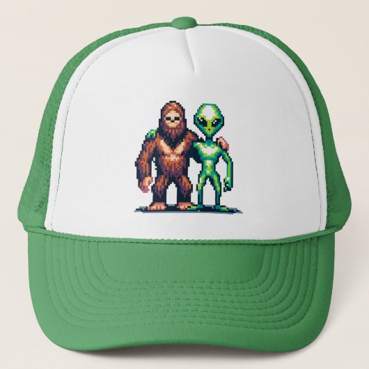 Buitenaards Buitenaards Wezen en Bigfoot Pixel Art Trucker Pet (Voorkant)