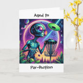 Buitenaards en Disc Golf thema Verjaardag Kaart (Gele Bloem)