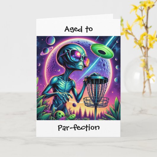 Buitenaards en Disc Golf thema Verjaardag Kaart (Gele Bloem)