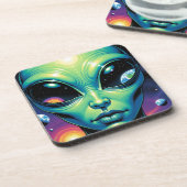 Buitenaards gezicht met planeten en reflecties in  bier onderzetter (Linkerzijde)