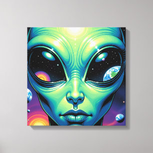 Buitenaards gezicht met planeten en reflecties in canvas afdruk