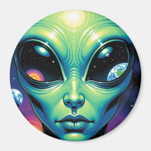 Buitenaards gezicht met planeten en reflecties in magneet