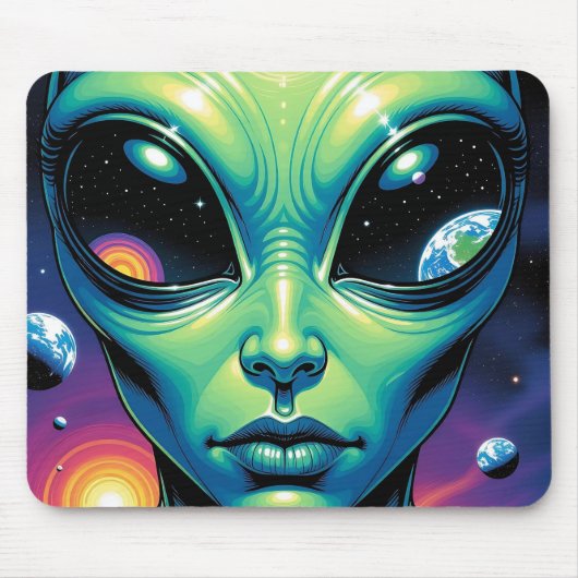 Buitenaards gezicht met planeten en reflecties in muismat (Voorkant)