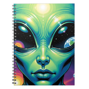 Buitenaards gezicht met planeten en reflecties in notitieboek