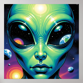 Buitenaards gezicht met planeten en reflecties in poster